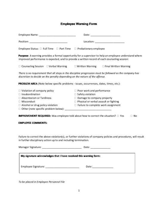 Employee Warning Form Printable pdf