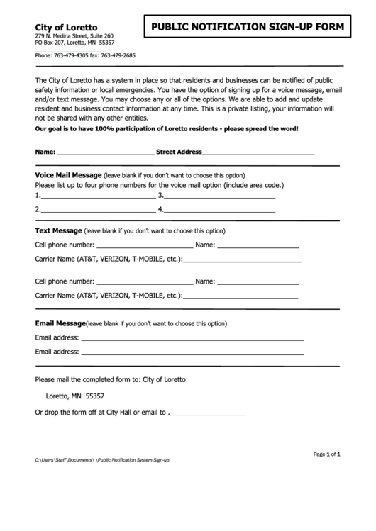 City Of Loretto Public Notification Sign-up Form