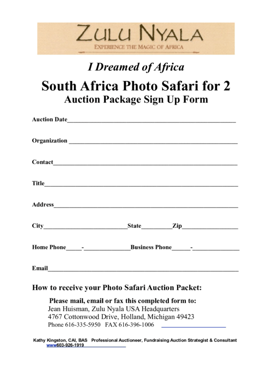 South Africa Photo Safari For 2 Auction Package Sign Up Form Printable pdf