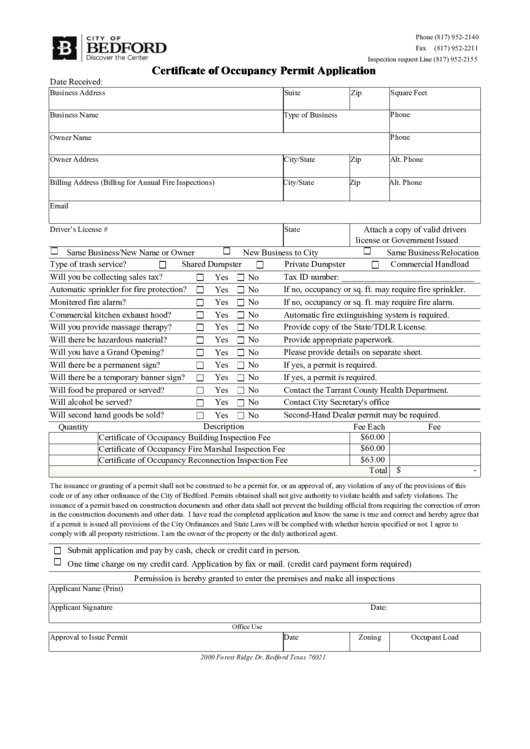 City Of Bedford Certificate Of Occupancy Permit Application Printable pdf