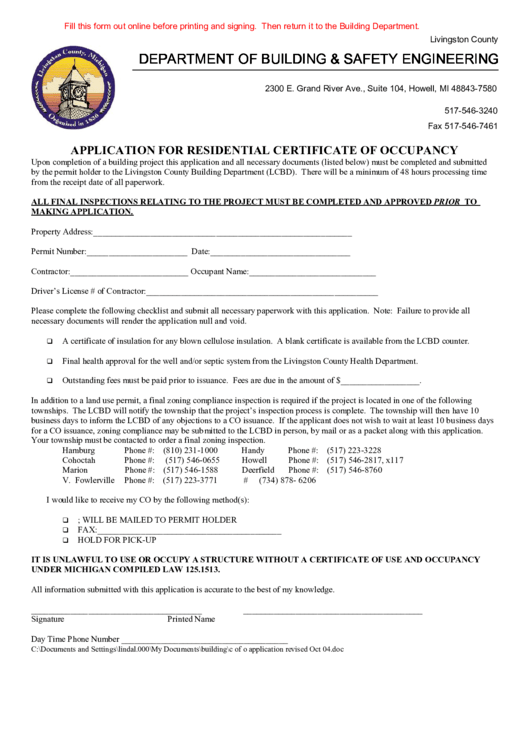 Fillable Application For Residential Certificate Of Occupancy - Department Of Building & Safety Engineering Printable pdf