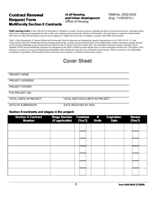 Fillable Contract Renewal Request Form - Multifamily Section 8 Contracts Printable pdf