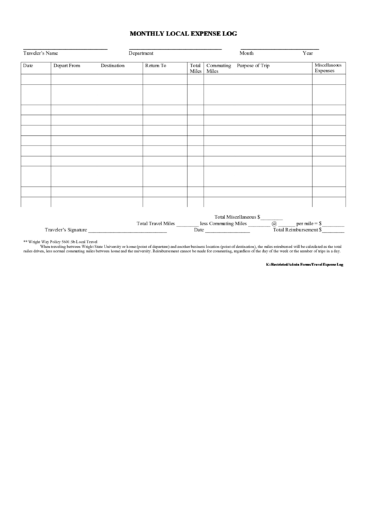 Monthly Travel Local Expense Log Printable pdf