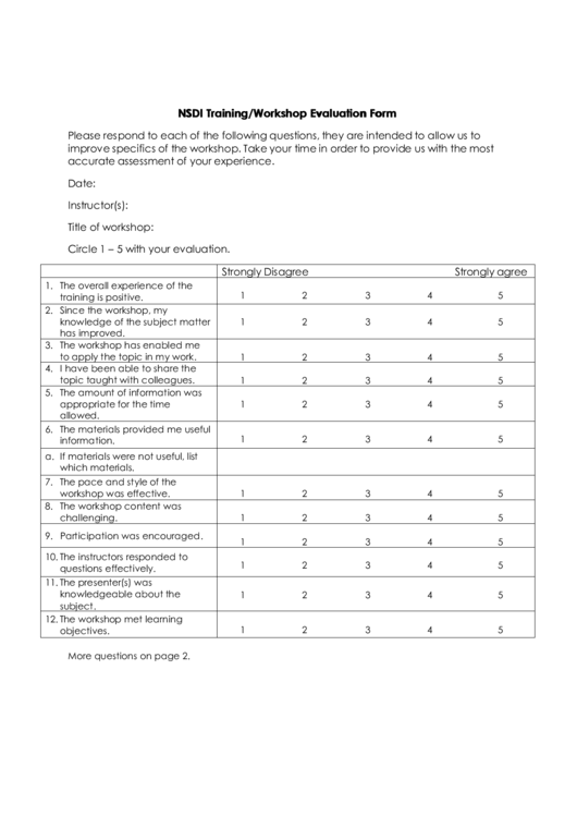 Nsdi Training/workshop Evaluation Form Printable pdf