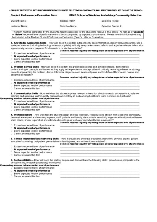 Student Performance Evaluation Form Utmb School Of Medicine Ambulatory Community Selective Printable pdf
