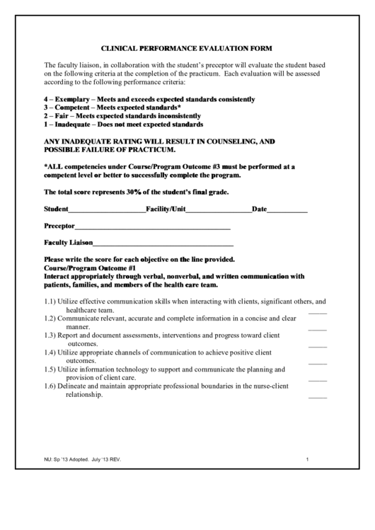Clinical Performance Evaluation Form Printable pdf