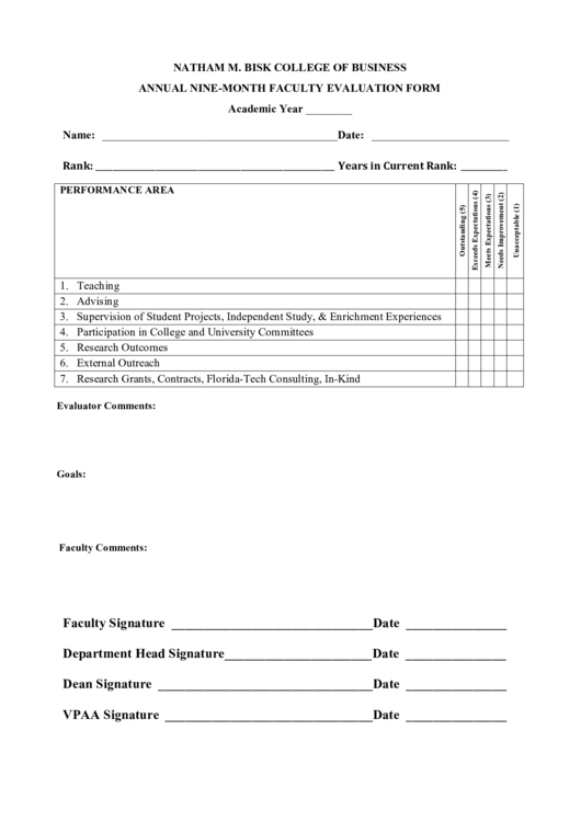 Fillable Natham M. Bisk College Of Business Annual Nine-Month Faculty Evaluation Form Printable pdf