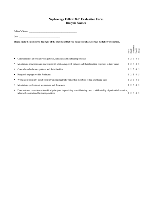 Nephrology Fellow 360 Evaluation Form Dialysis Nurses Printable pdf