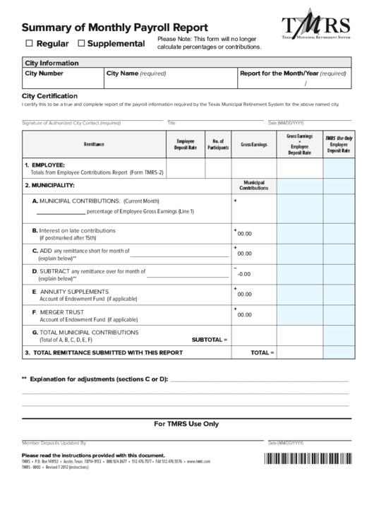 Fillable Tmrs Summary Of Monthly Payroll Report Printable pdf