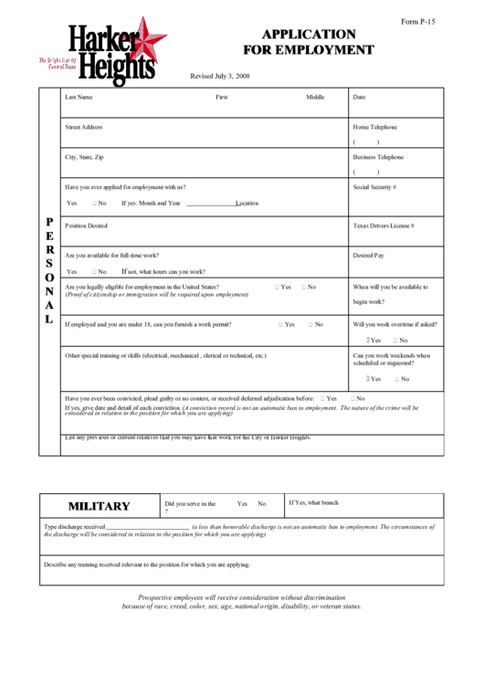 Harker Heights Employment Application Form