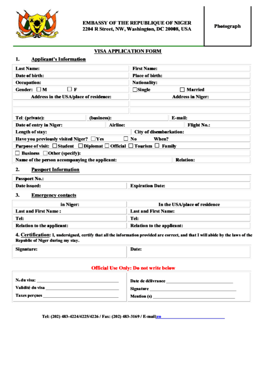 Fillable Niger Visa Application Form printable pdf download