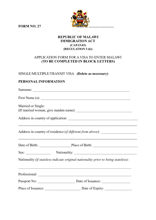 Application Form For A Visa To Enter Malawi