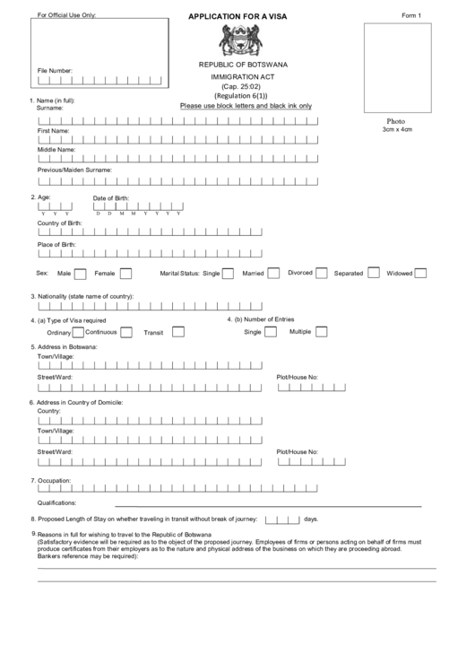 Republic Of Botswana Application For A Visa Printable pdf