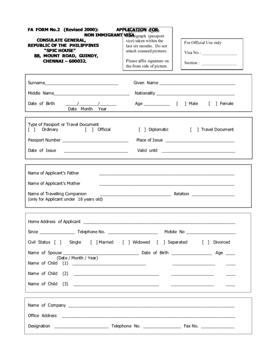 Fa Form No.2 - Application For Non Immigrant Visa (republic Of The Philippines)