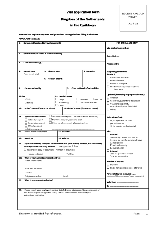 Kingdom Of The Netherlands In The Caribbean Visa Application Form Printable pdf