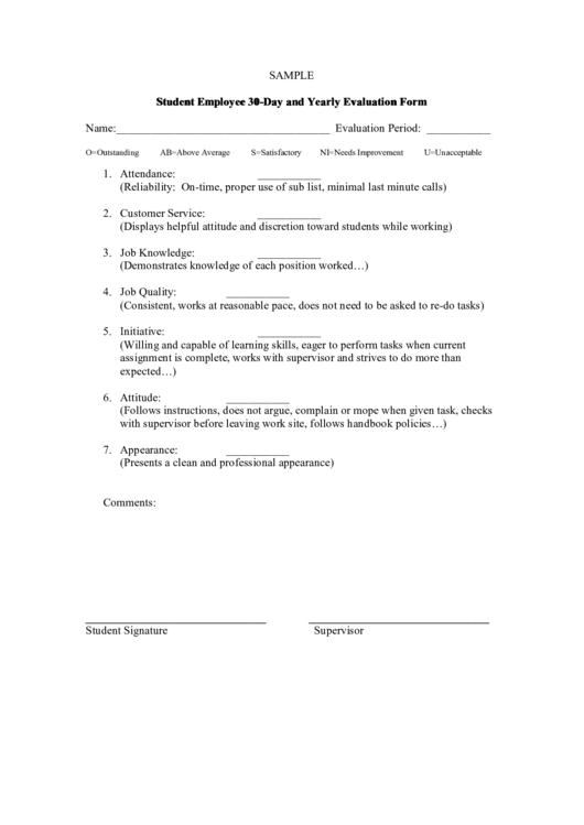 Student Employee 30-Day And Yearly Evaluation Form Printable pdf