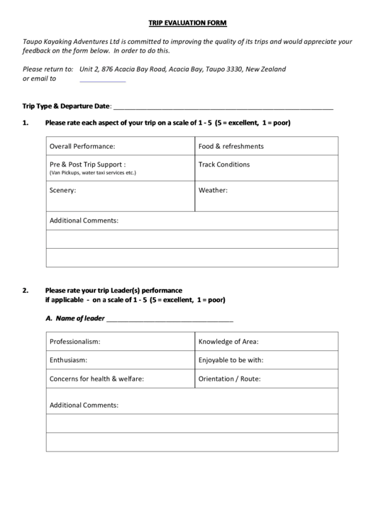 Trip Evaluation Form Printable pdf