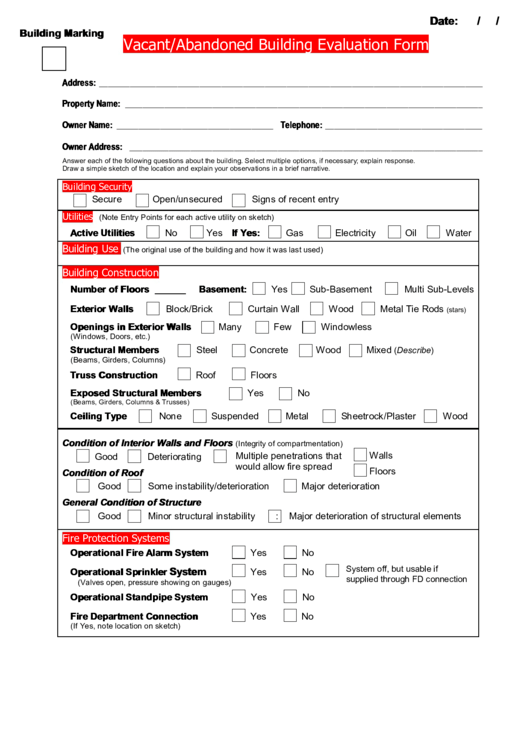 Vacant/abandoned Building Evaluation Form Printable pdf