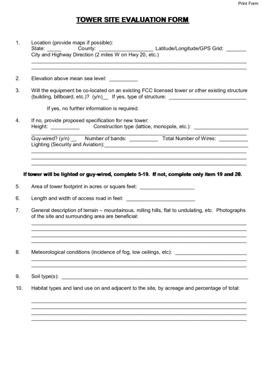 Fillable Tower Site Evaluation Form Printable pdf