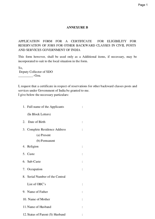 Application Form For A Certificate For Eligibility Printable pdf