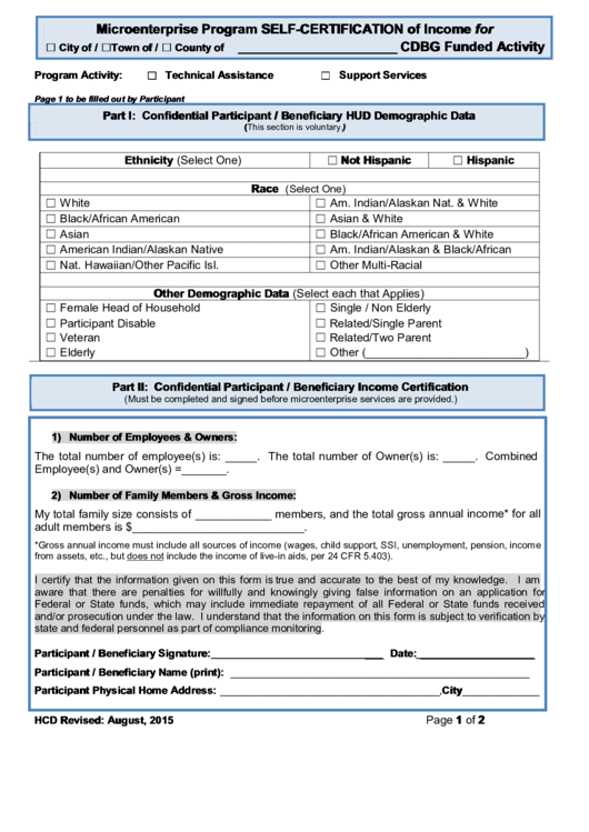 Microenterprise Program Self-Certification Of Income Printable pdf