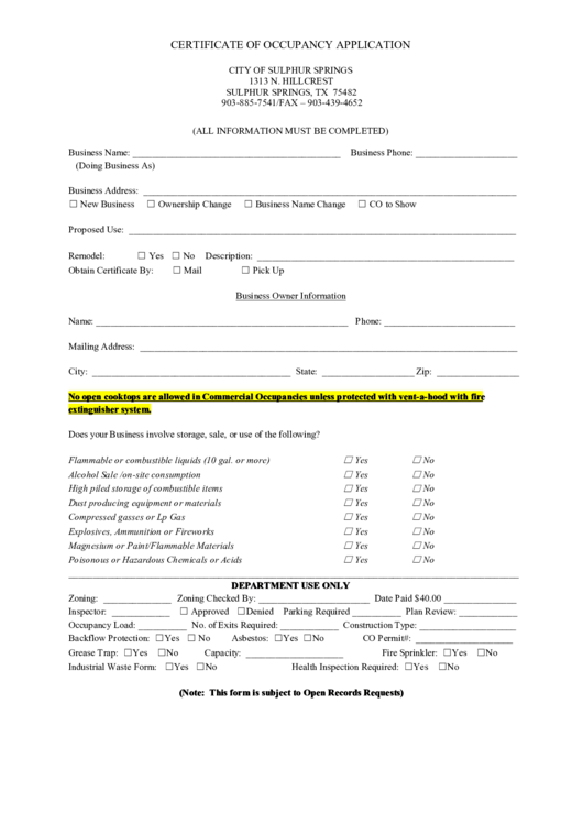 City Of Sulphur Springs Certificate Of Occupancy Application Printable pdf