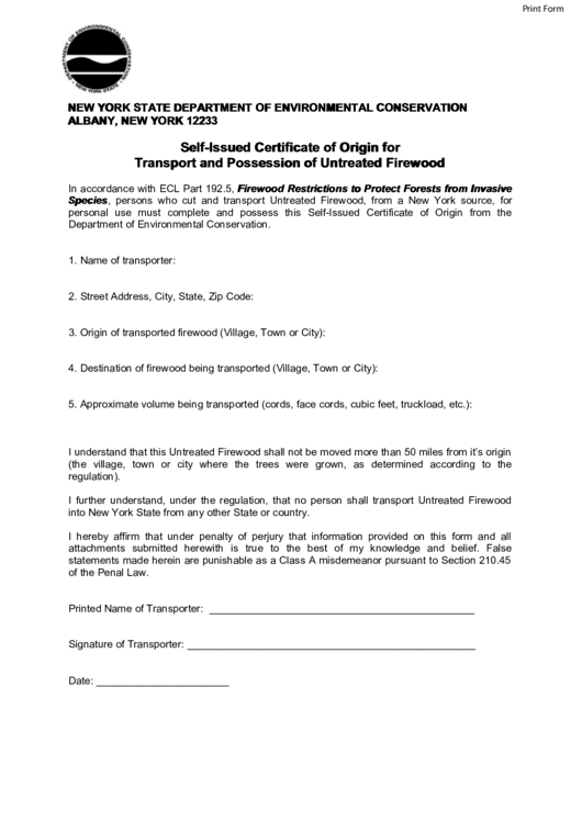 Fillable Self-Issued Certificate Of Origin For Transport And Possession Of Untreated Firewood Printable pdf