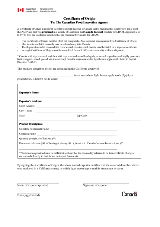 Canadian Food Inspection Agency Certificate Of Origin Printable pdf