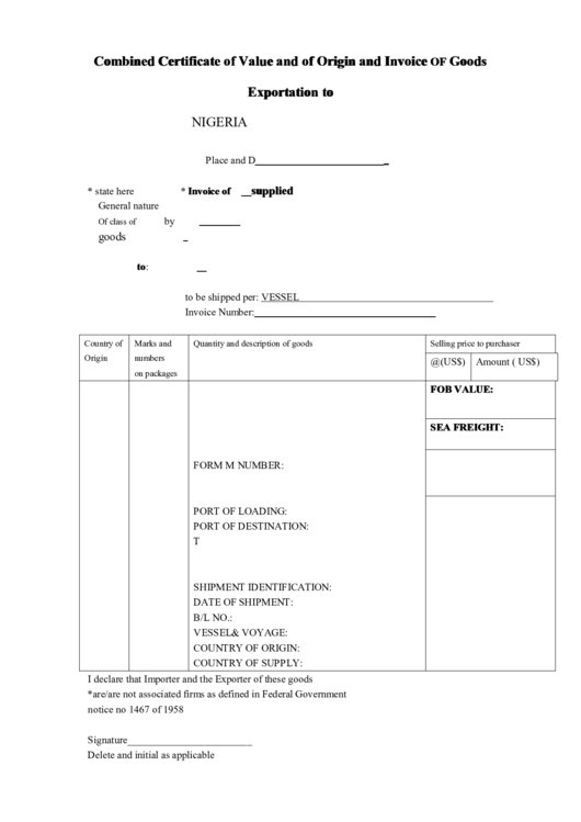 Combined Certificate Of Value And Of Origin And Invoice Of Goods Printable pdf
