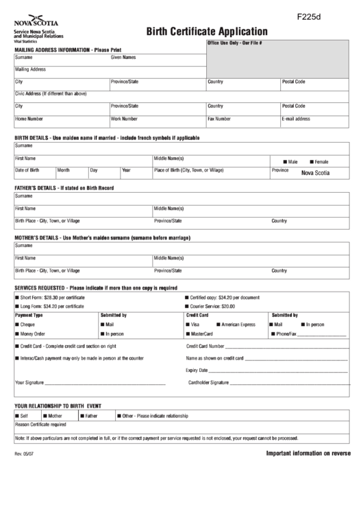 Fillable Form F225d - Nova Scotia Birth Certificate Application Printable pdf