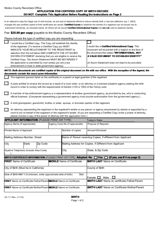 Application For Certified Copy Of Birth Record Form - Modoc County Printable pdf