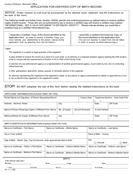 Fillable Form Vs 111 - Application For Certified Copy Of Birth Record - County Of Siskiyou - 2006 Printable pdf