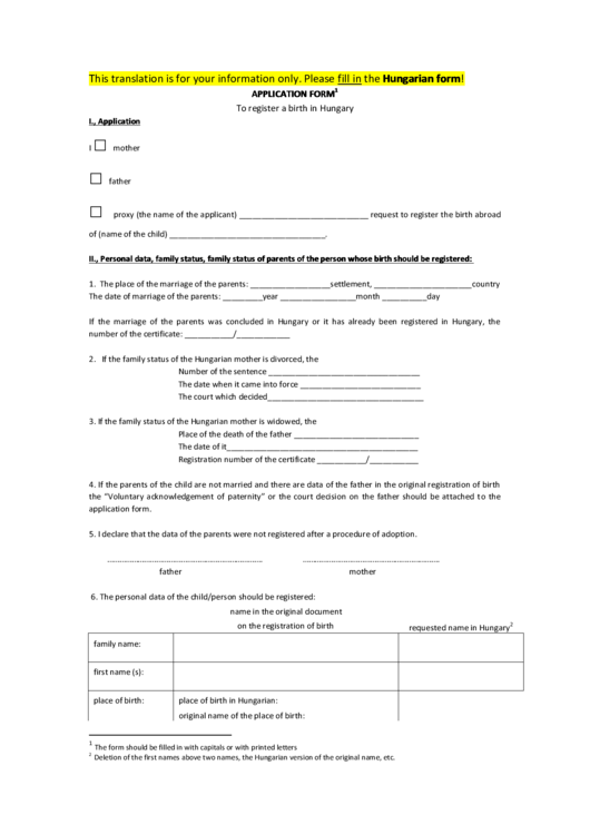 Application Form To Register A Birth In Hungary Printable pdf