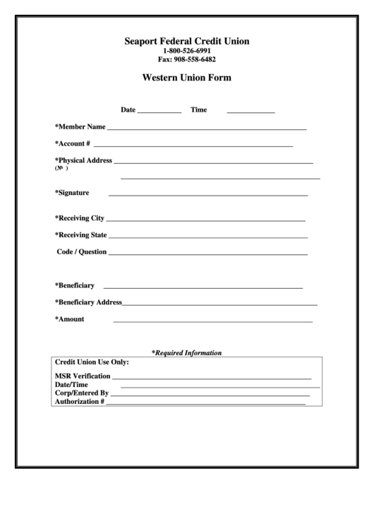 Western Union Form Printable pdf