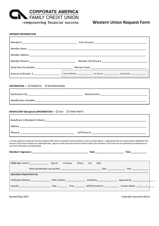 Western Union Request Form printable pdf download
