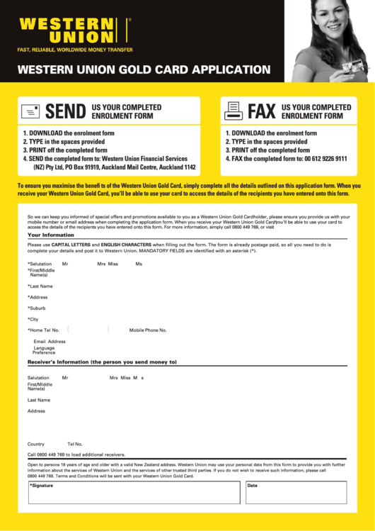 Fillable Western Union Gold Card Application Form Printable pdf