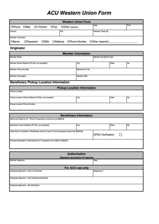Acu Western Union Form Printable pdf