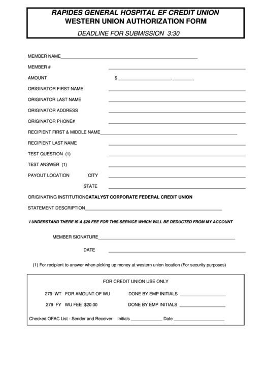 Western Union Authorization Form Printable pdf