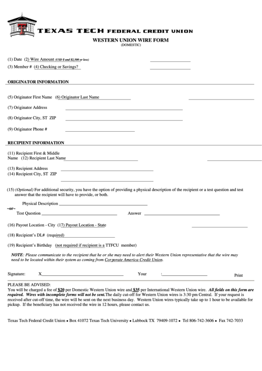 Fillable Texas Tech Western Union Wire Form Printable pdf