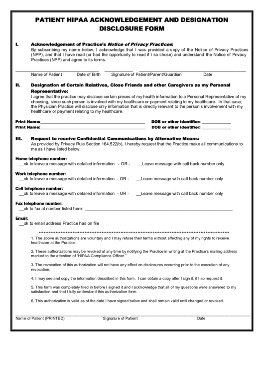 Patient Hipaa Acknowledgement And Designation Disclosure Form Printable pdf