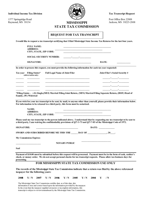 Request For Tax Transcript - Mississippi State Tax Commission