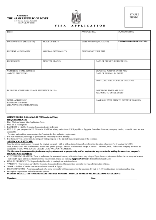 Fillable Consulate Of The Arab Republic Of Egypt Visa Application Printable Pdf Download