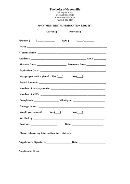 Apartment Rental Verification Request Printable pdf
