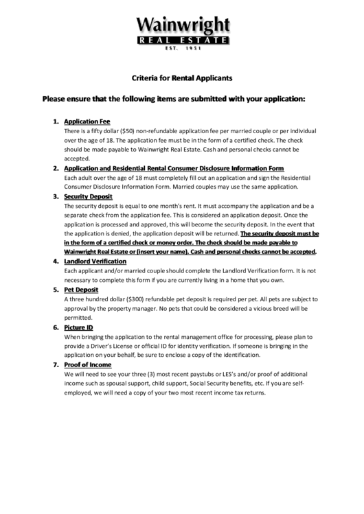 Wainwright Real Estate Criteria For Rental Applicants Printable pdf