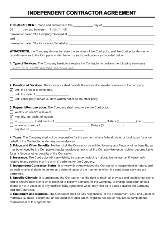 Fillable Independent Contractor Agreement Printable pdf