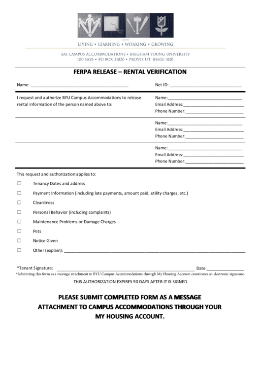 Fillable Ferpa Release - Rental Verification Printable pdf
