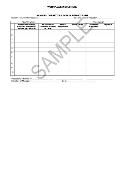 Sample - Corrective Action Report Form Printable pdf