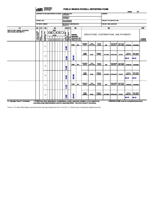 Form A-1-131 - Public Works Payroll Reporting Form (fillible) - 2003