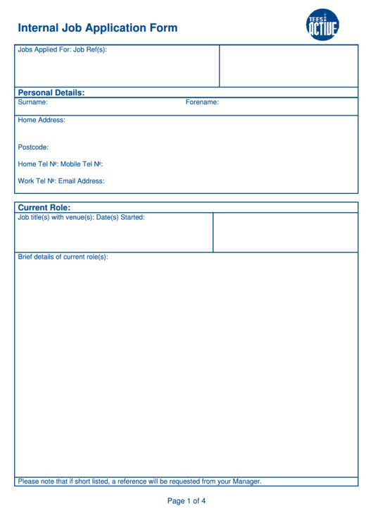Internal Job Application Form Printable pdf