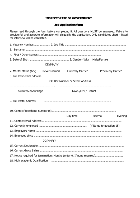Inspectorate Of Government Job Application Form Printable pdf